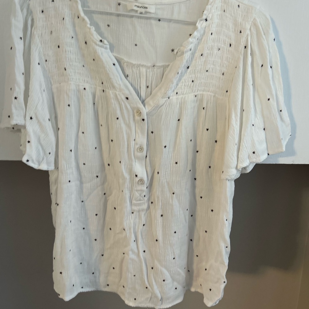 White Button-Up Top with Black Dots